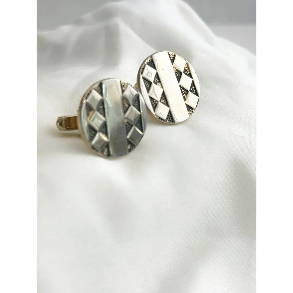 Vintage Round Cufflinks Diamond Design Light Gold Tone MCM Retro